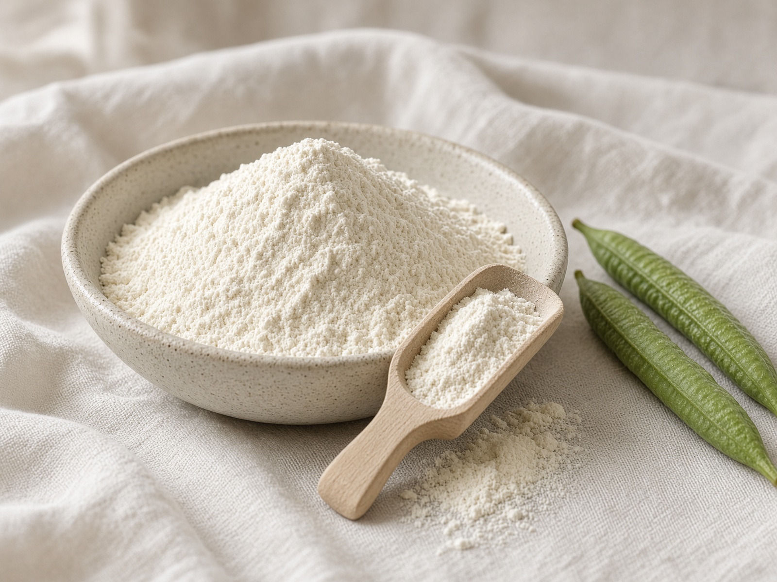 Fine cream-coloured guar gum powder in a bowl, with a wooden scoop and fresh guar pods